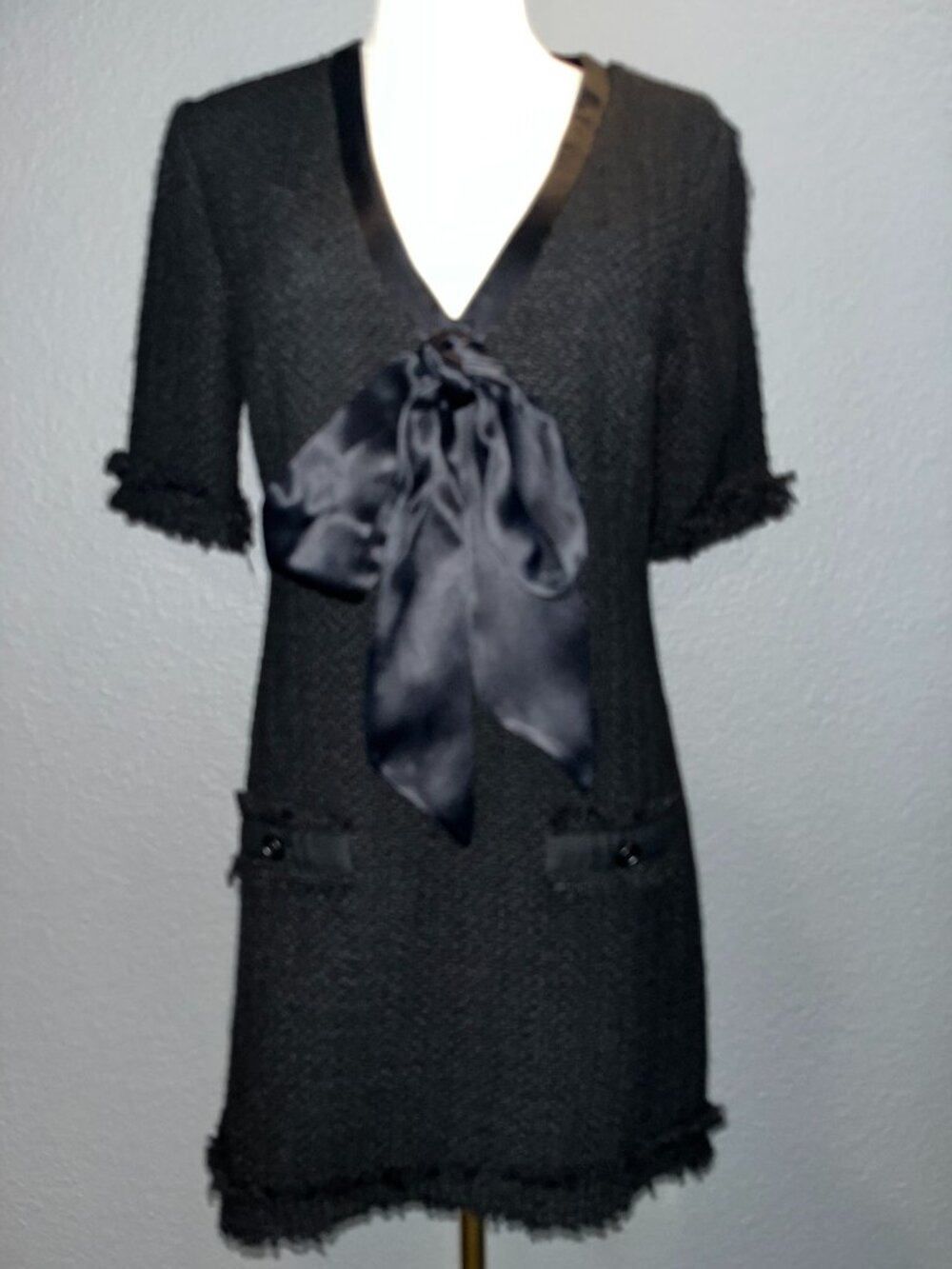 Chanel Style Black Boucle Tweed Dress with Bow and CC Button Pockets - EUC - S